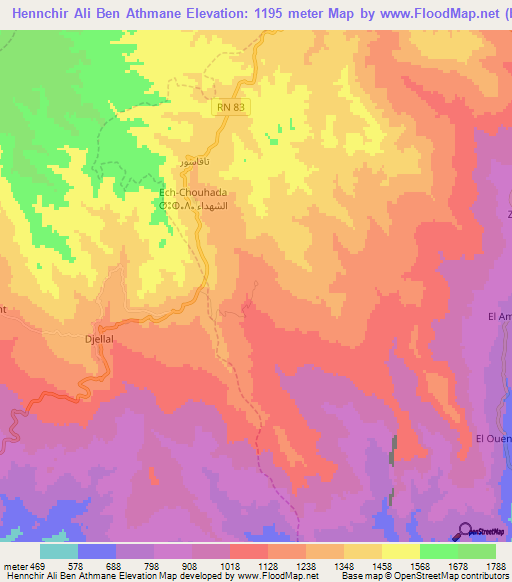 Hennchir Ali Ben Athmane,Algeria Elevation Map