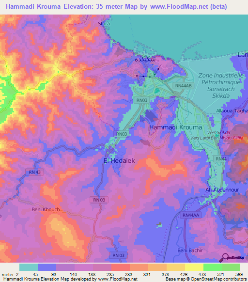 Hammadi Krouma,Algeria Elevation Map