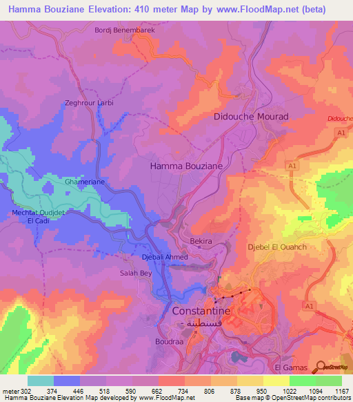 Hamma Bouziane,Algeria Elevation Map