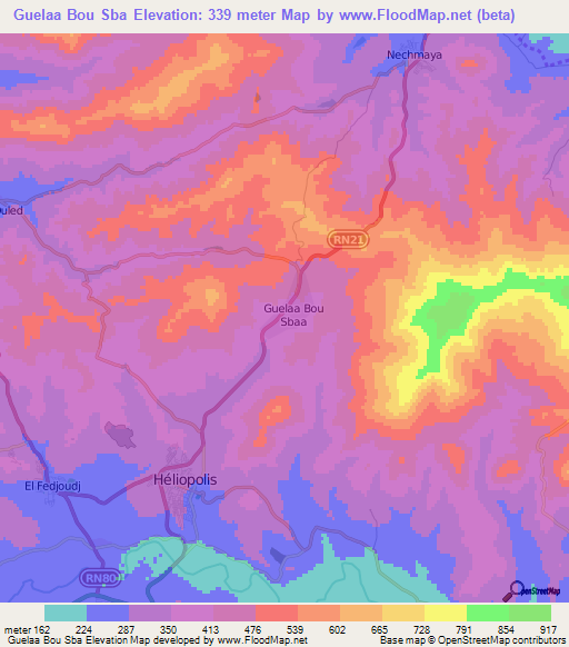 Guelaa Bou Sba,Algeria Elevation Map