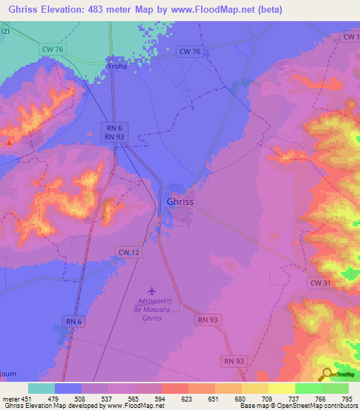 Ghriss,Algeria Elevation Map
