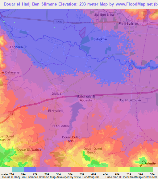 Douar el Hadj Ben Slimane,Algeria Elevation Map