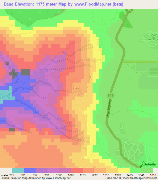 Dana,Jordan Elevation Map