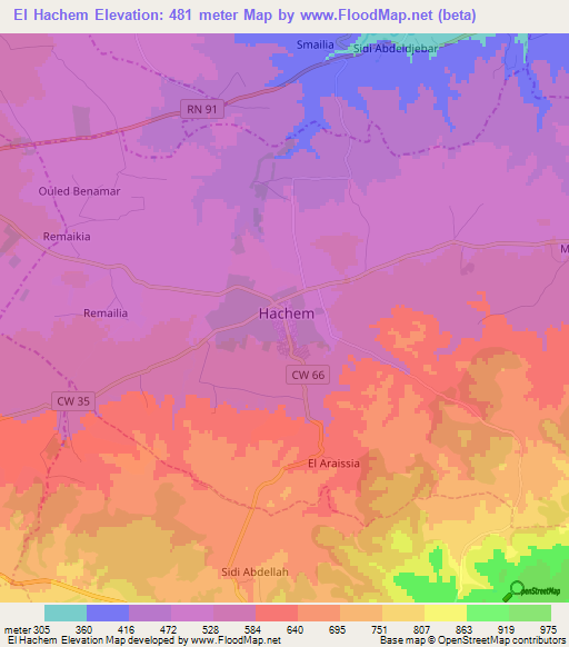El Hachem,Algeria Elevation Map
