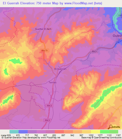 El Guerrah,Algeria Elevation Map