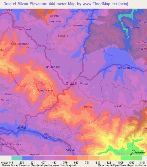 Draa el Mizan,Algeria Elevation Map