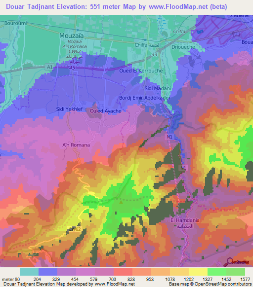 Douar Tadjnant,Algeria Elevation Map