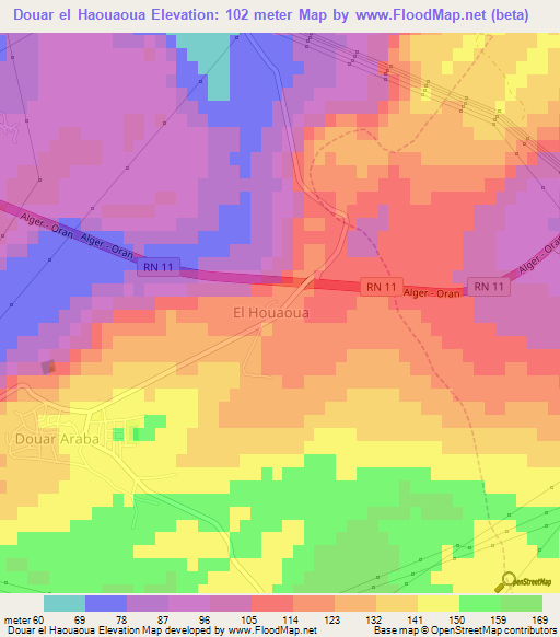 Douar el Haouaoua,Algeria Elevation Map