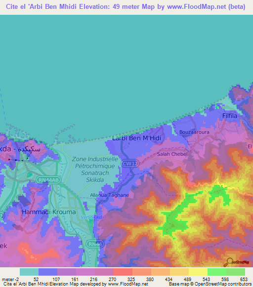 Cite el 'Arbi Ben Mhidi,Algeria Elevation Map