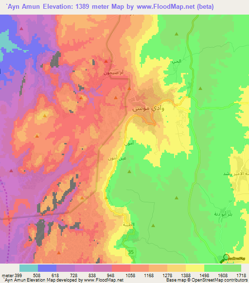 `Ayn Amun,Jordan Elevation Map