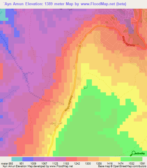 `Ayn Amun,Jordan Elevation Map