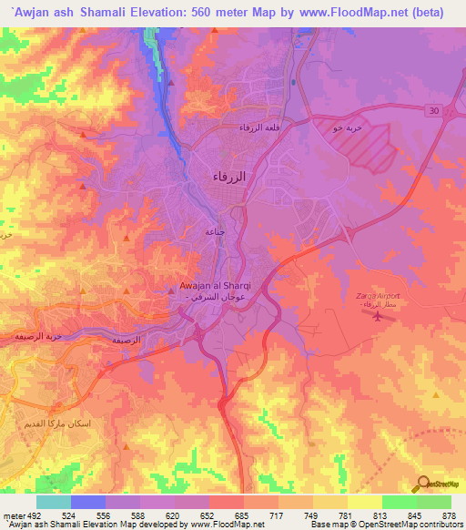 `Awjan ash Shamali,Jordan Elevation Map