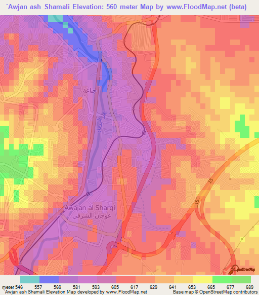 `Awjan ash Shamali,Jordan Elevation Map