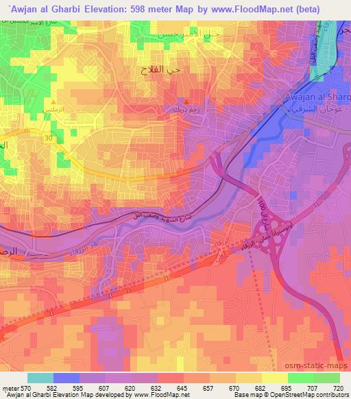 `Awjan al Gharbi,Jordan Elevation Map
