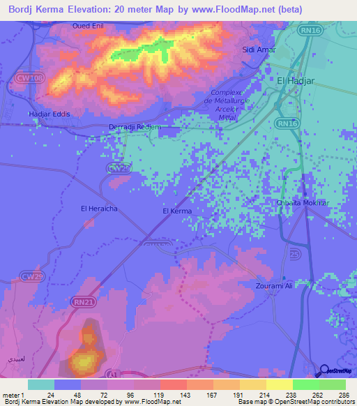 Bordj Kerma,Algeria Elevation Map