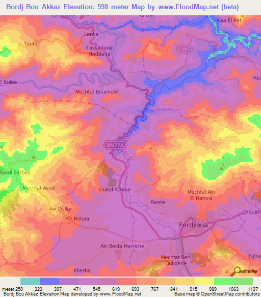 Bordj Bou Akkaz,Algeria Elevation Map