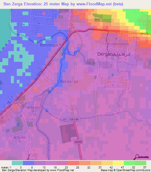 Ben Zerga,Algeria Elevation Map