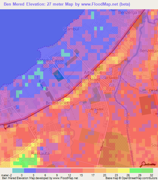 Ben Mered,Algeria Elevation Map