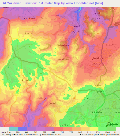 Al Yazidiyah,Jordan Elevation Map