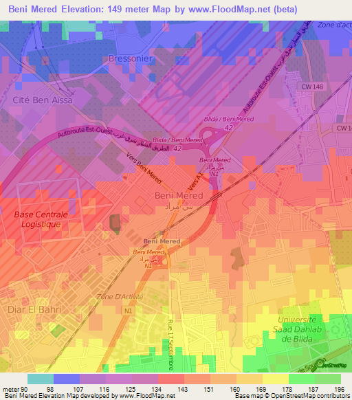 Beni Mered,Algeria Elevation Map