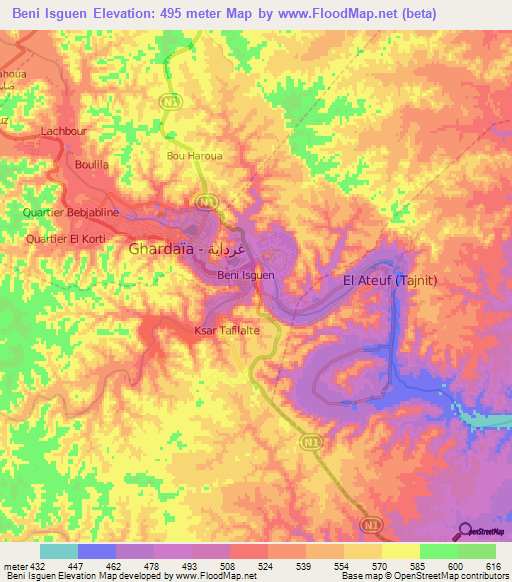 Beni Isguen,Algeria Elevation Map