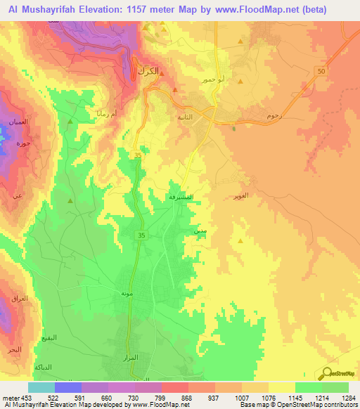 Al Mushayrifah,Jordan Elevation Map