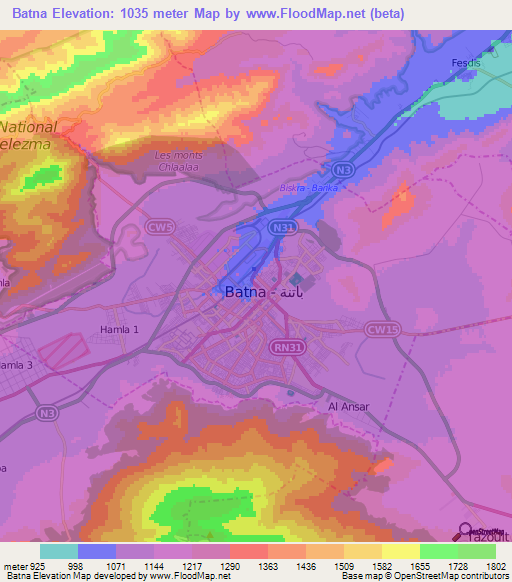 Batna,Algeria Elevation Map