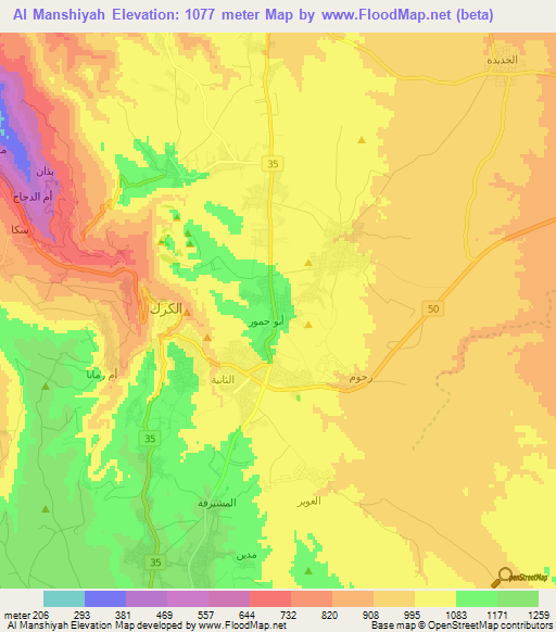 Al Manshiyah,Jordan Elevation Map