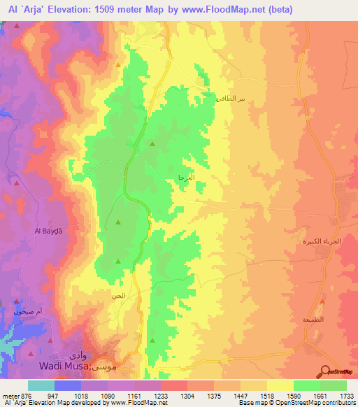 Al `Arja',Jordan Elevation Map