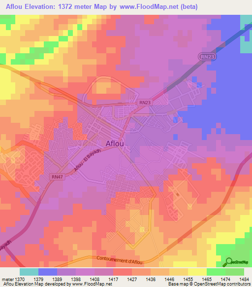 Aflou,Algeria Elevation Map
