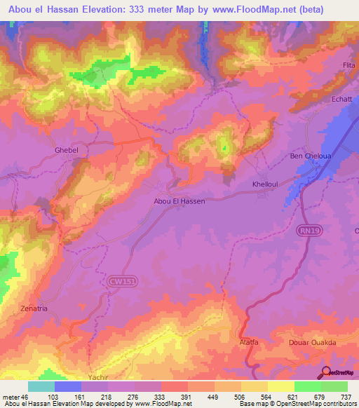 Abou el Hassan,Algeria Elevation Map