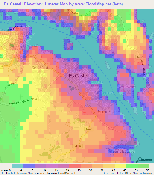Es Castell,Spain Elevation Map