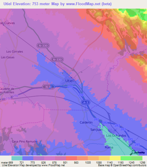 Utiel,Spain Elevation Map
