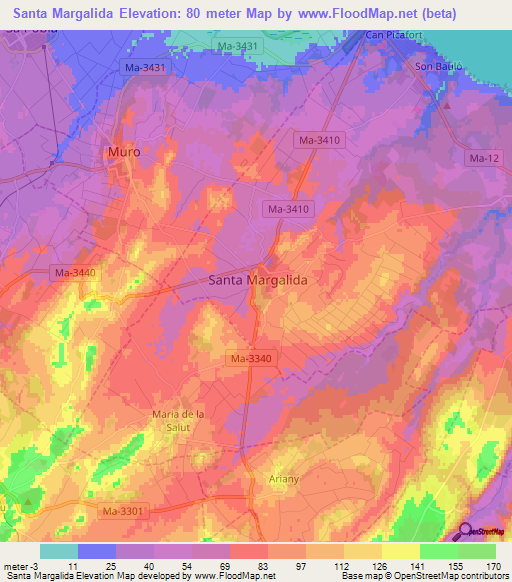 Santa Margalida,Spain Elevation Map