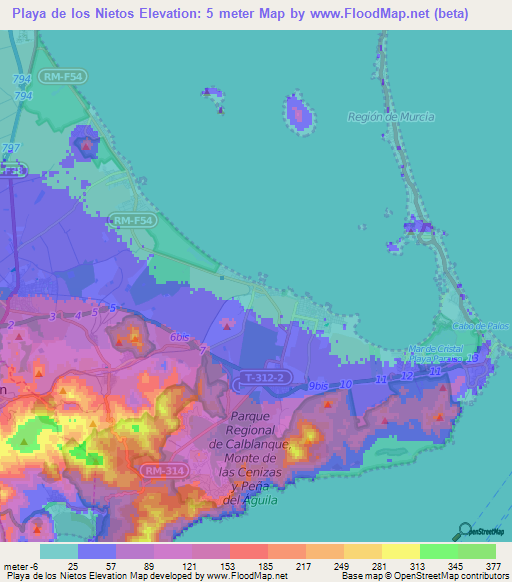 Playa de los Nietos,Spain Elevation Map