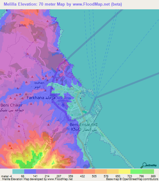 Melilla,Spain Elevation Map