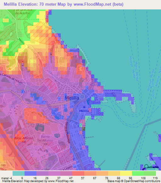 Melilla,Spain Elevation Map