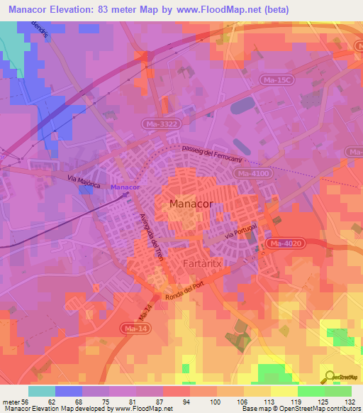 Manacor,Spain Elevation Map