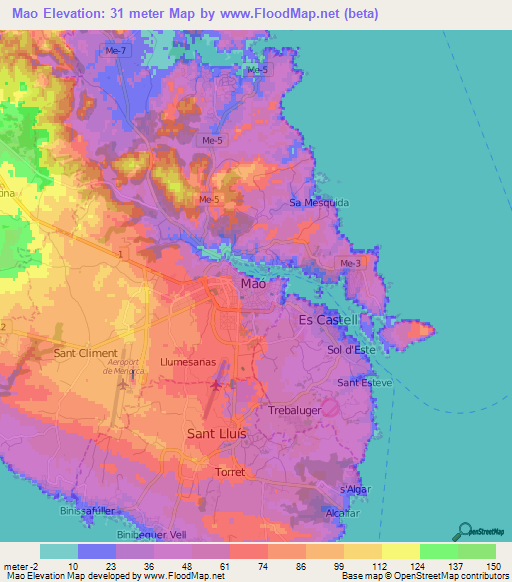 Mao,Spain Elevation Map