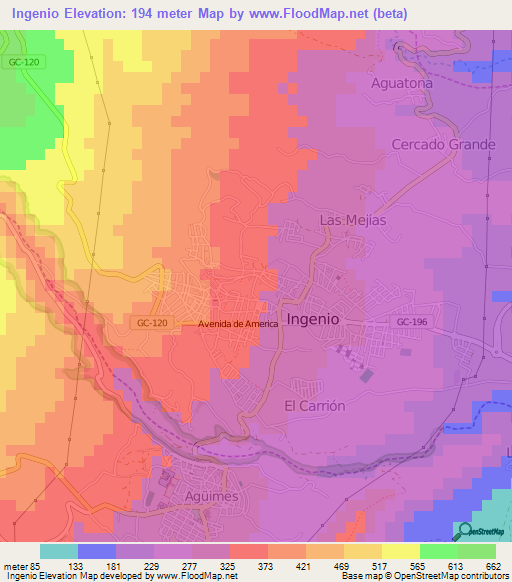 Ingenio,Spain Elevation Map