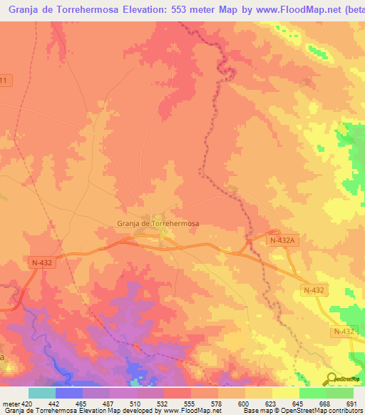 Granja de Torrehermosa,Spain Elevation Map