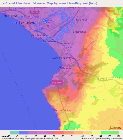 s'Arenal,Spain Elevation Map