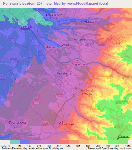 Polistena,Italy Elevation Map