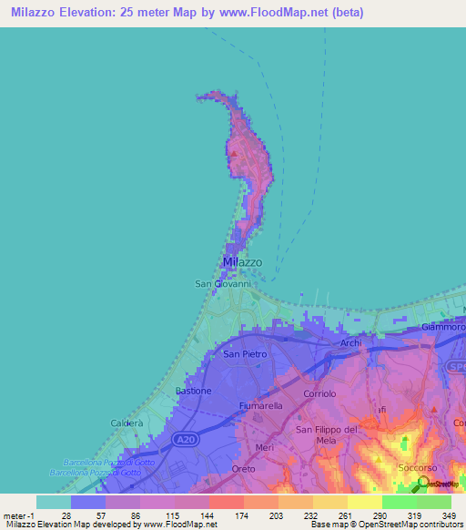 Milazzo,Italy Elevation Map