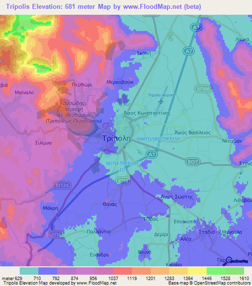 Tripolis,Greece Elevation Map