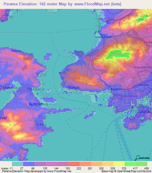 Perama,Greece Elevation Map