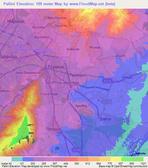 Pallini,Greece Elevation Map