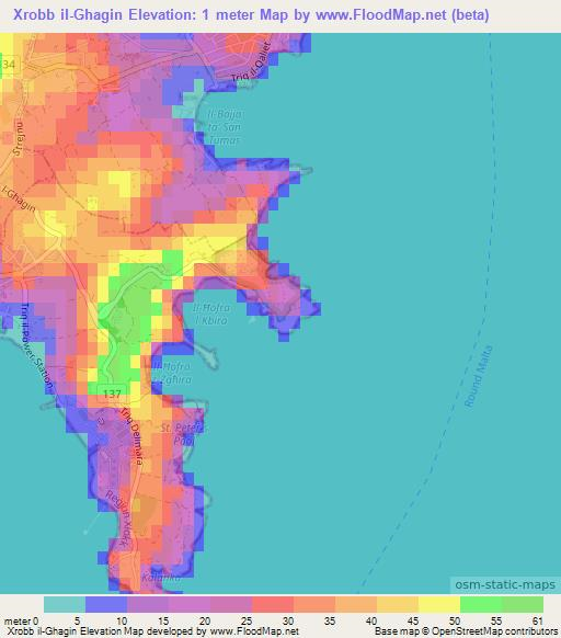 Xrobb il-Ghagin,Malta Elevation Map