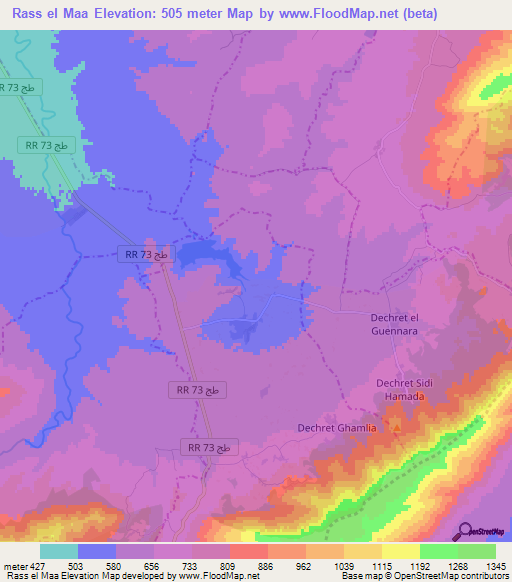Rass el Maa,Tunisia Elevation Map