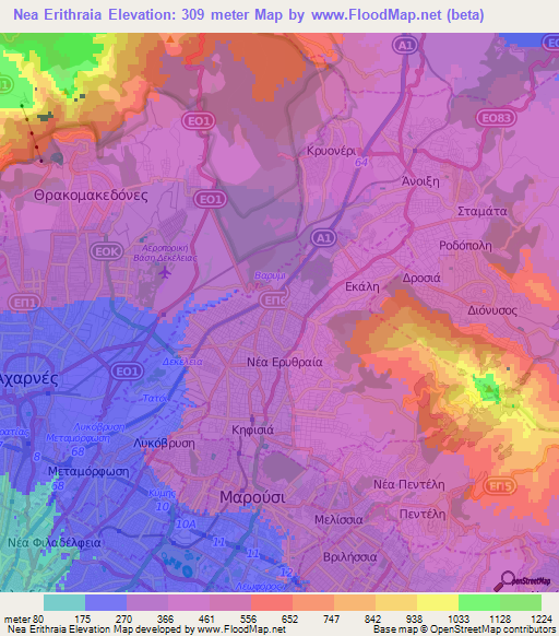 Nea Erithraia,Greece Elevation Map